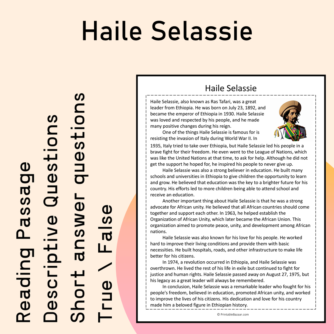 Haile Selassie | Reading Comprehension Passage Printable Activity