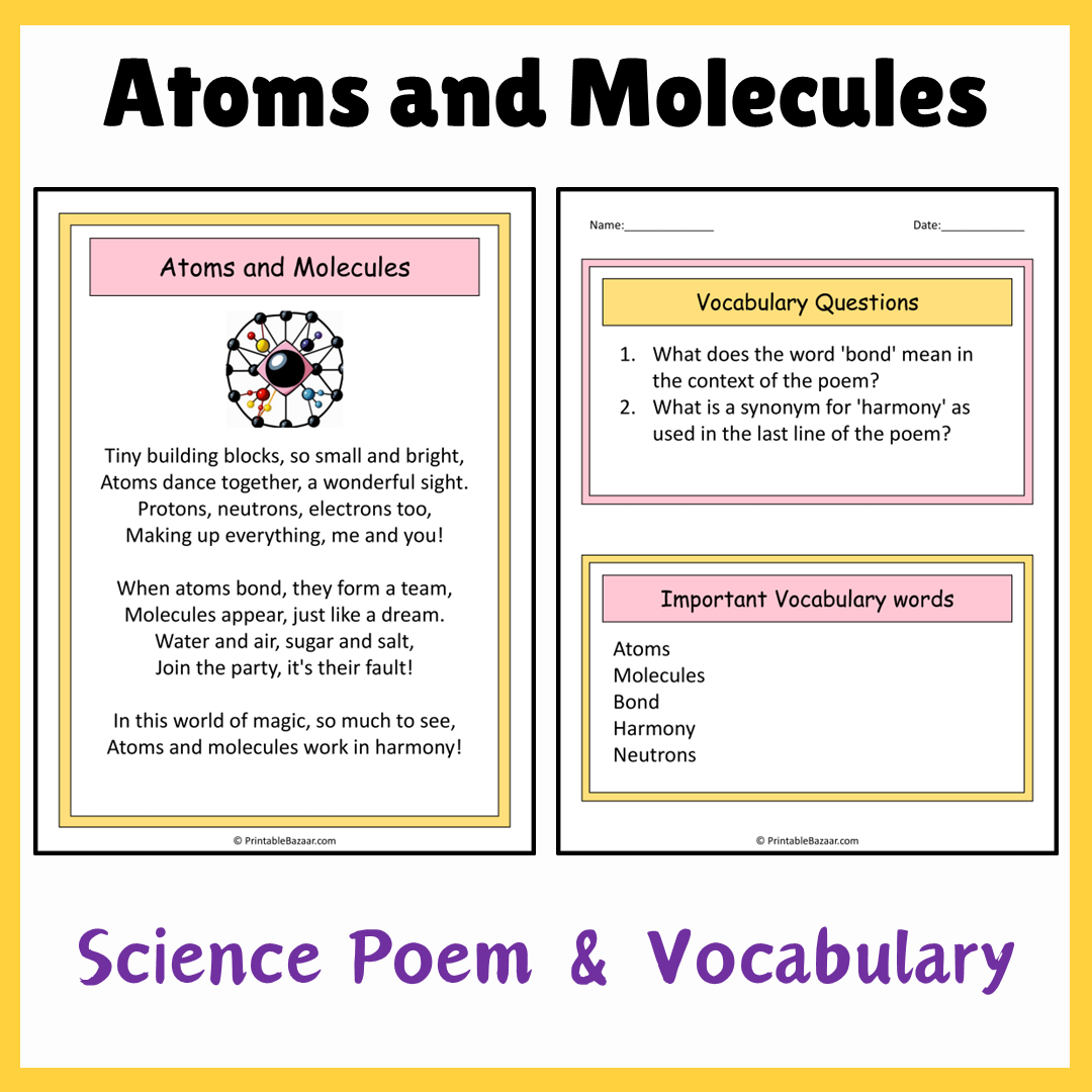 Atoms and Molecules | Science Poem Reading Comprehension Activity