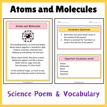 Atoms and Molecules | Science Poem Reading Comprehension Activity