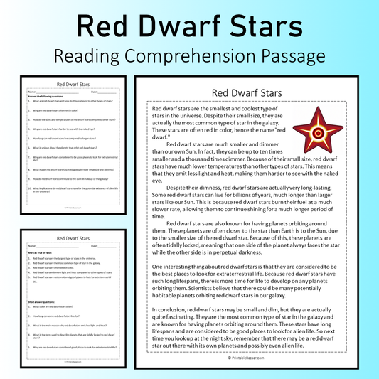 Red Dwarf Stars | Reading Comprehension Passage Printable Worksheet