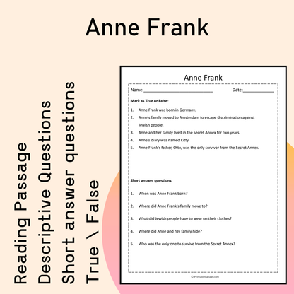 Anne Frank | Reading Comprehension Passage Printable Activity