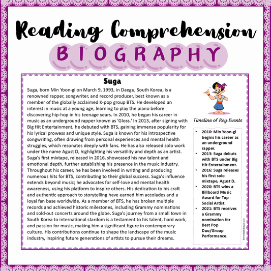Suga | Biography Reading Comprehension and Questions Worksheet