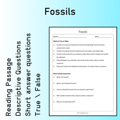 Fossils | Reading Comprehension Passage Printable Worksheet