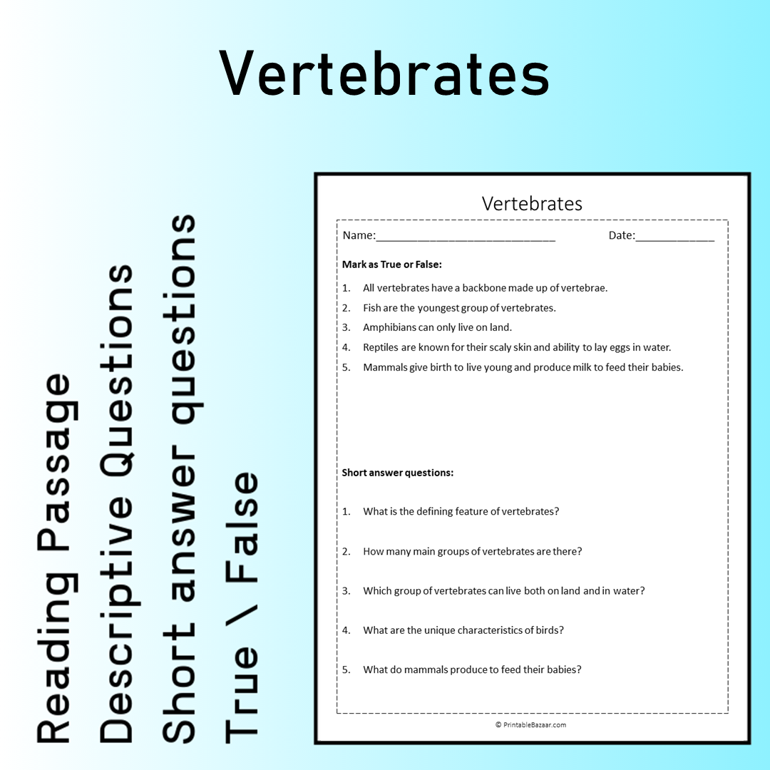 Vertebrates | Reading Comprehension Passage Printable Worksheet