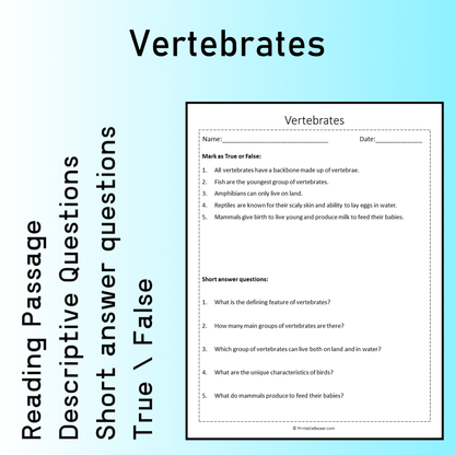 Vertebrates | Reading Comprehension Passage Printable Worksheet