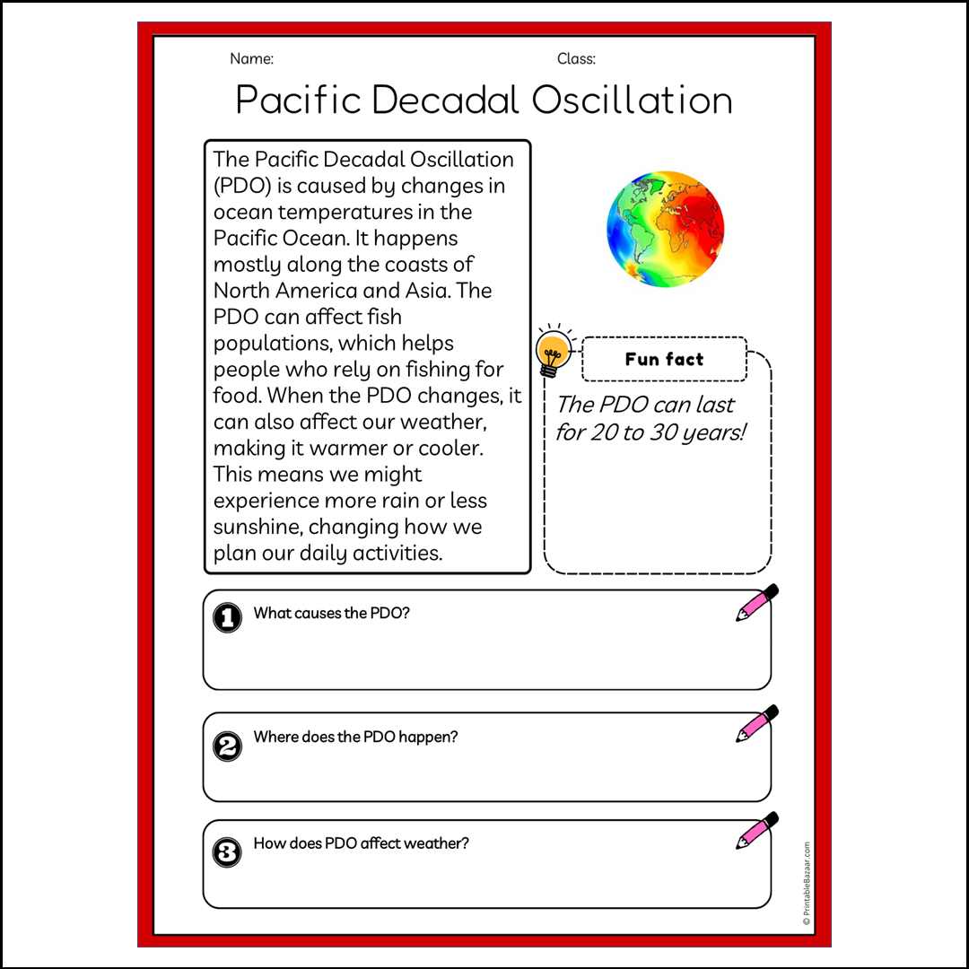 Pacific Decadal Oscillation | Reading Passage Comprehension Questions Writing Facts Worksheet