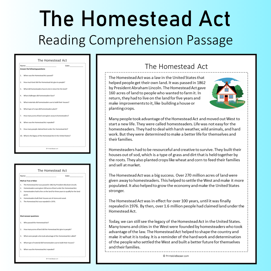 The Homestead Act | Reading Comprehension Passage Printable Worksheet