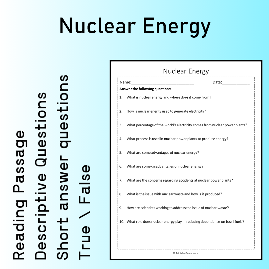 Nuclear Energy | Reading Comprehension Passage Printable Worksheet