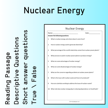 Nuclear Energy | Reading Comprehension Passage Printable Worksheet