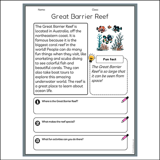 Great Barrier Reef | Reading Passage Comprehension Questions Writing Facts Worksheet