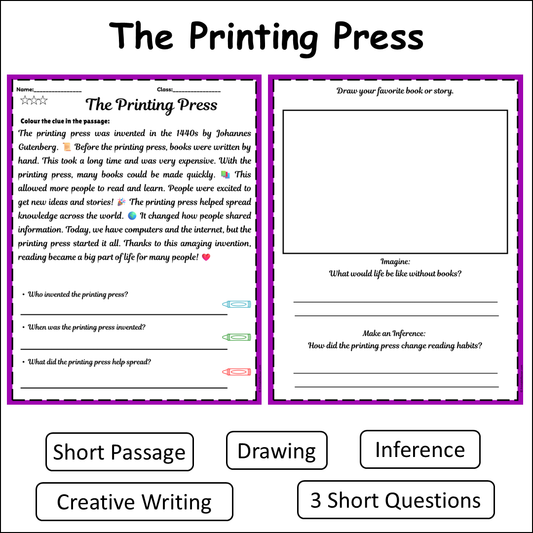 The Printing Press | Short Reading Comprehension Creative Worksheet