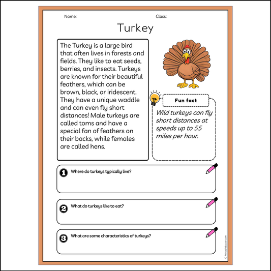 Turkey | Reading Passage Comprehension Questions Writing Facts Worksheet