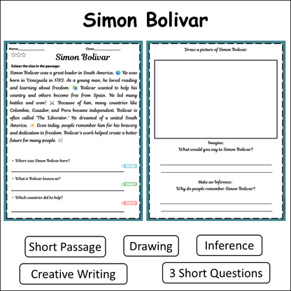 Simón Bolívar | Short Reading Comprehension Creative Worksheet