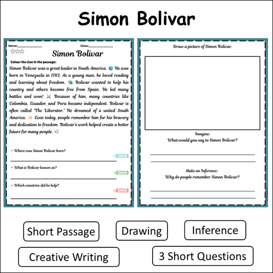 Simón Bolívar | Short Reading Comprehension Creative Worksheet