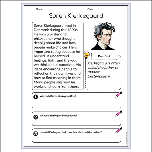 Søren Kierkegaard | Reading Passage Comprehension Questions Writing Facts Worksheet