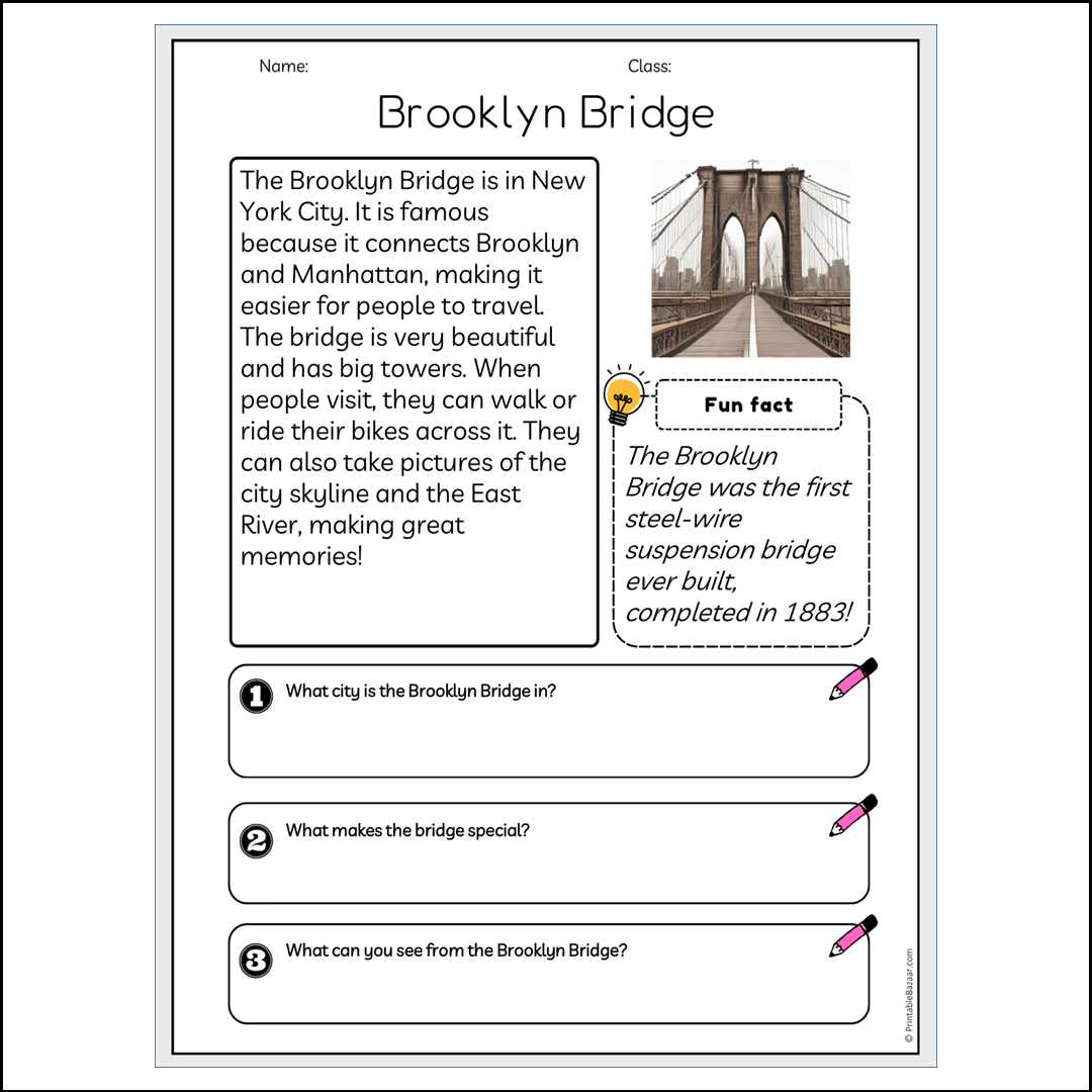 Brooklyn Bridge | Reading Passage Comprehension Questions Writing Facts Worksheet