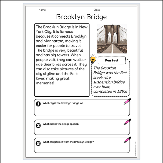 Brooklyn Bridge | Reading Passage Comprehension Questions Writing Facts Worksheet