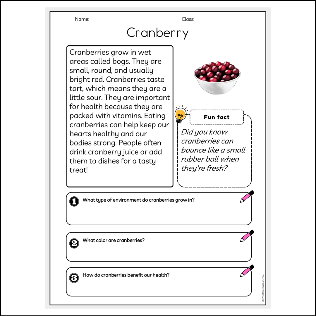 Cranberry | Reading Passage Comprehension Questions Writing Facts Worksheet