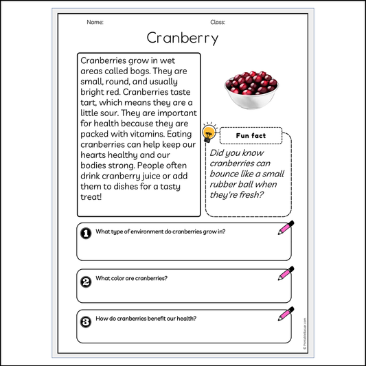 Cranberry | Reading Passage Comprehension Questions Writing Facts Worksheet