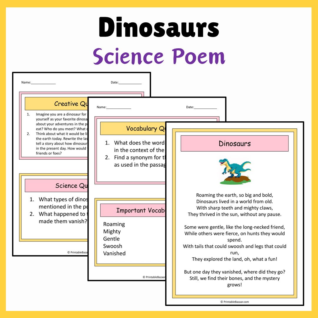 Dinosaurs | Science Poem Reading Comprehension Activity