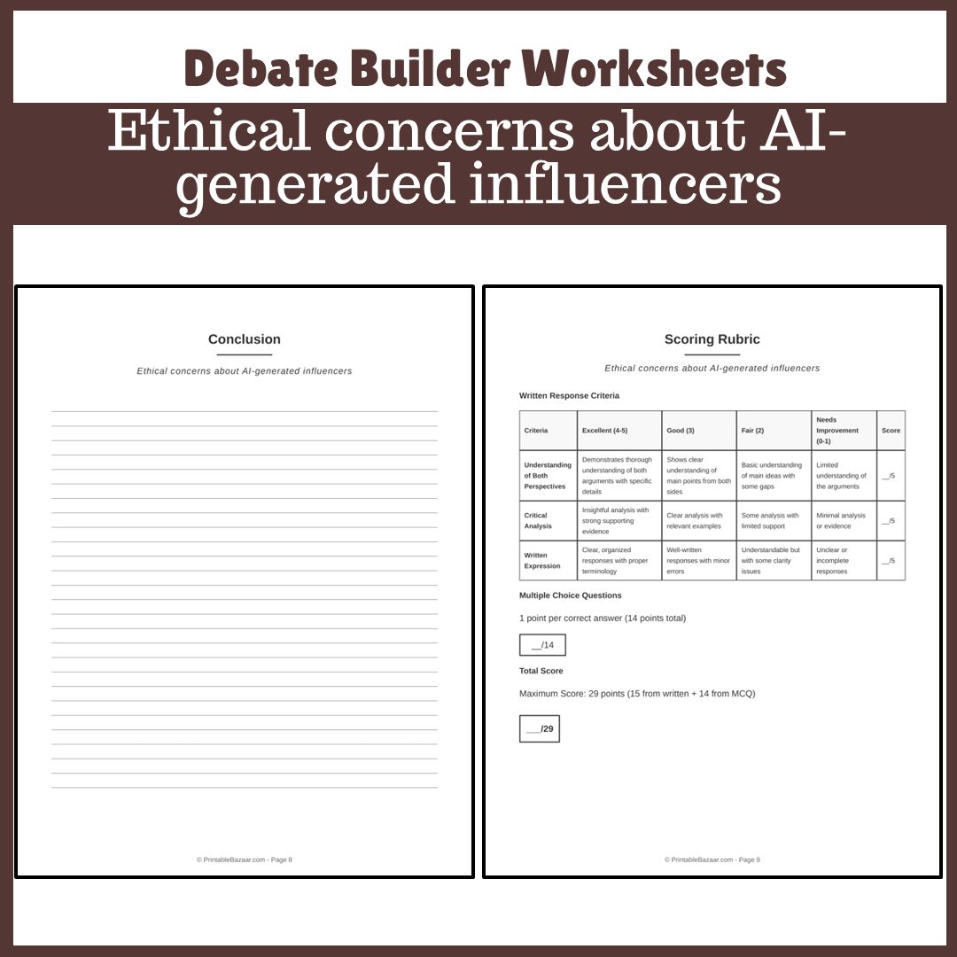 Ethical concerns about AI-generated influencers | Favour and Against Worksheet Printable Activity