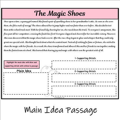 The Magic Shoes | Main Idea and Supporting Details Reading Passage and Questions