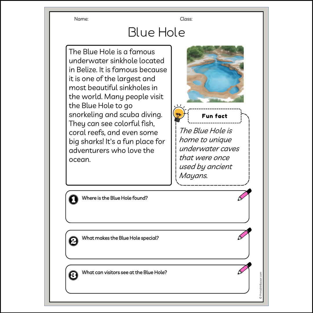 Blue Hole | Reading Passage Comprehension Questions Writing Facts Worksheet