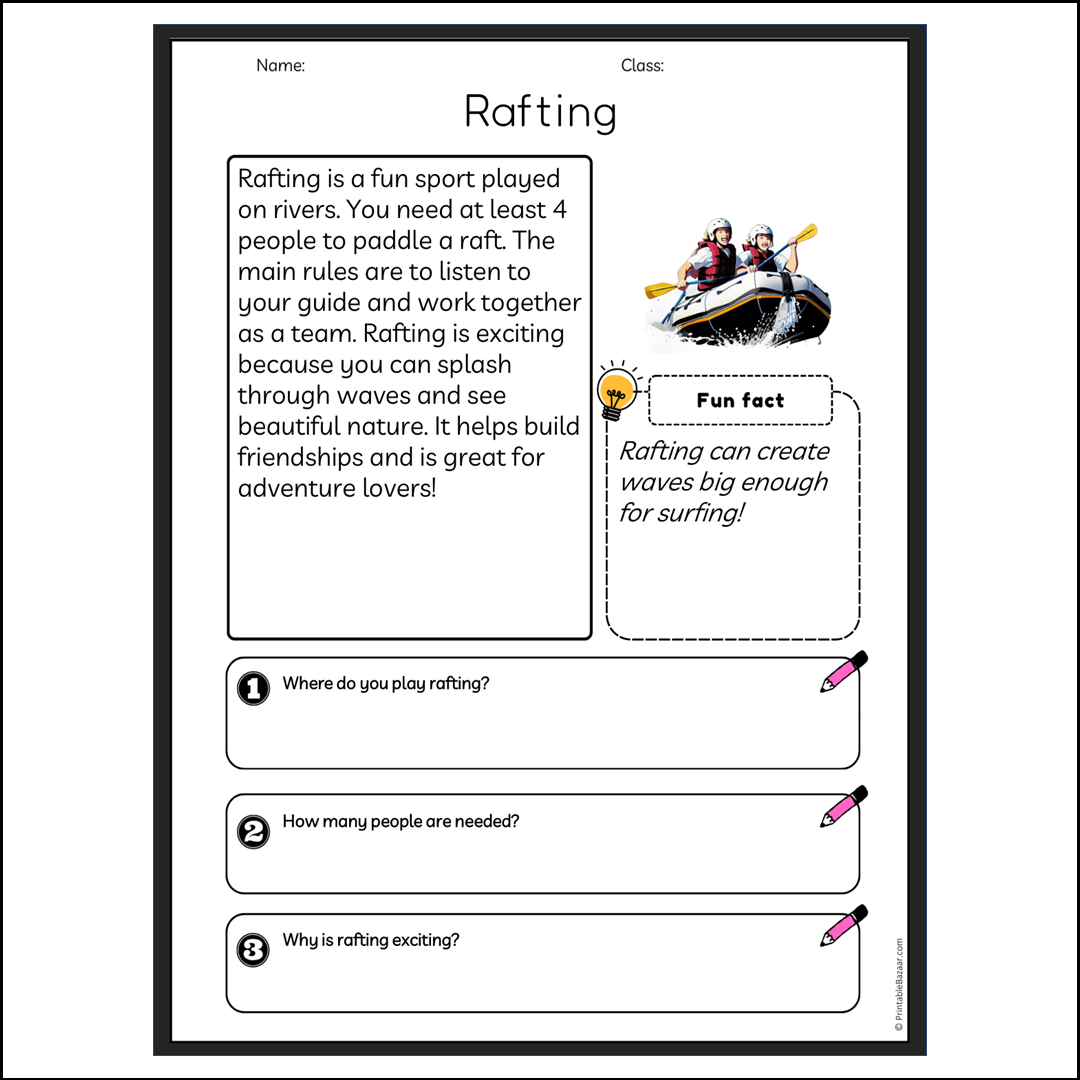 Rafting | Reading Passage Comprehension Questions Writing Facts Worksheet