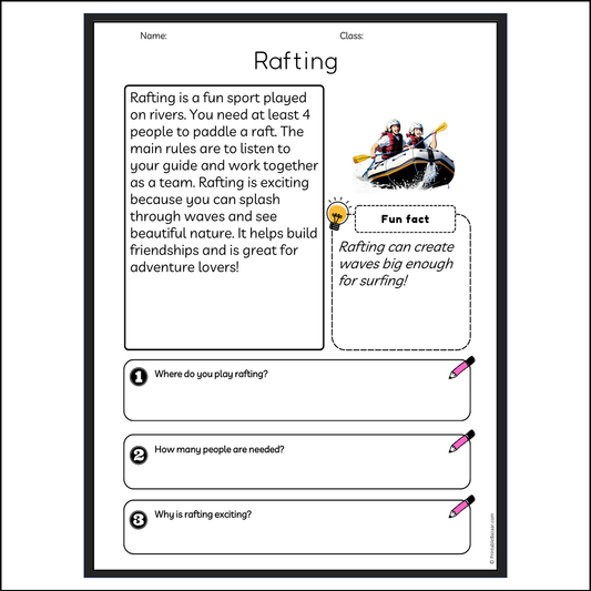 Rafting | Reading Passage Comprehension Questions Writing Facts Worksheet