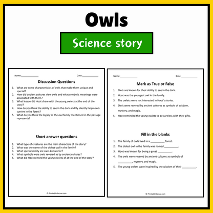 Owls | Science Story Reading Comprehension Activity