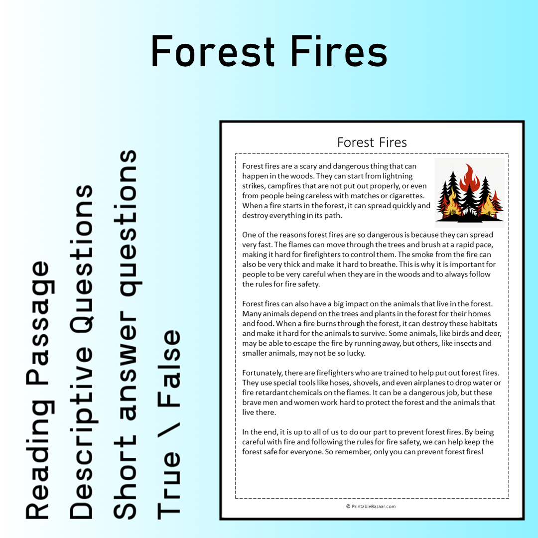 Forest Fires | Reading Comprehension Passage Printable Worksheet