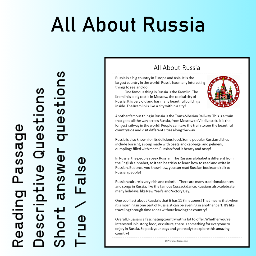 All About Russia | Reading Comprehension Passage Printable Worksheet