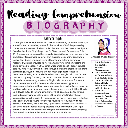 Lilly Singh | Biography Reading Comprehension and Questions Worksheet