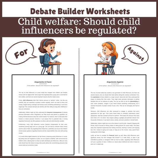 Child welfare: Should child influencers be regulated? | Favour and Against Worksheet Printable Activity