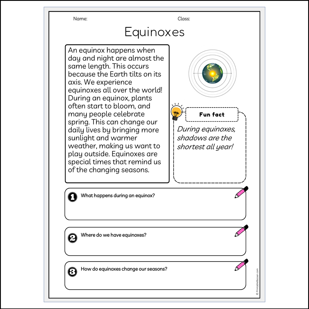 Equinoxes | Reading Passage Comprehension Questions Writing Facts Worksheet