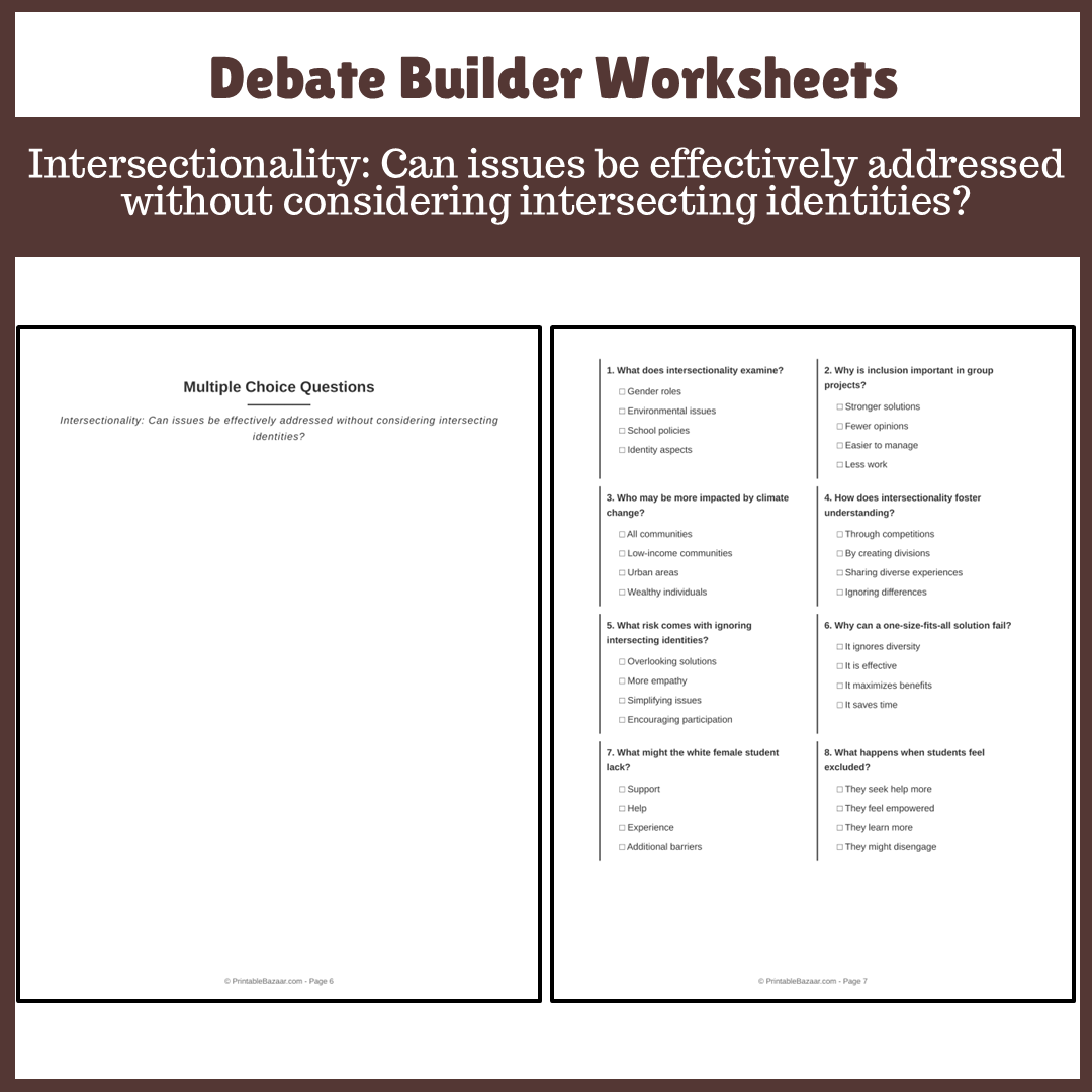 Intersectionality: Can issues be effectively addressed without considering intersecting identities? | Favour and Against Worksheet Printable Activity