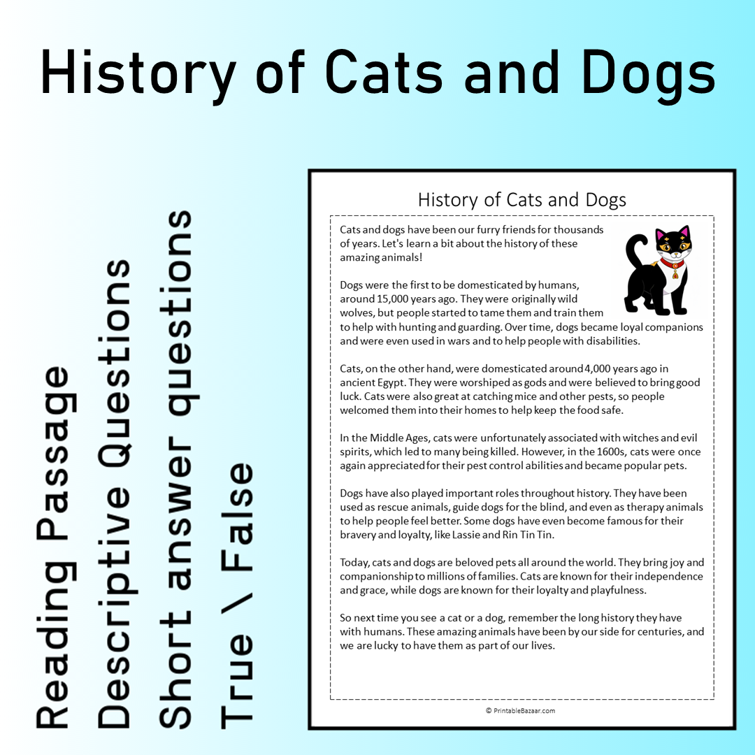 History of Cats and Dogs | Reading Comprehension Passage Printable Worksheet