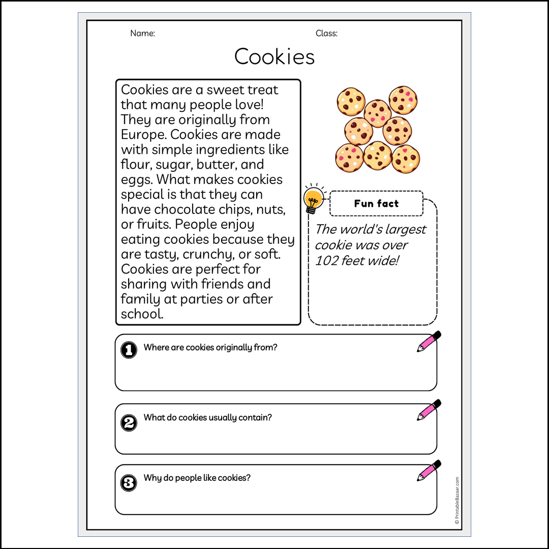 Cookies | Reading Passage Comprehension Questions Writing Facts Worksheet