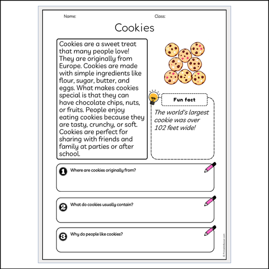 Cookies | Reading Passage Comprehension Questions Writing Facts Worksheet