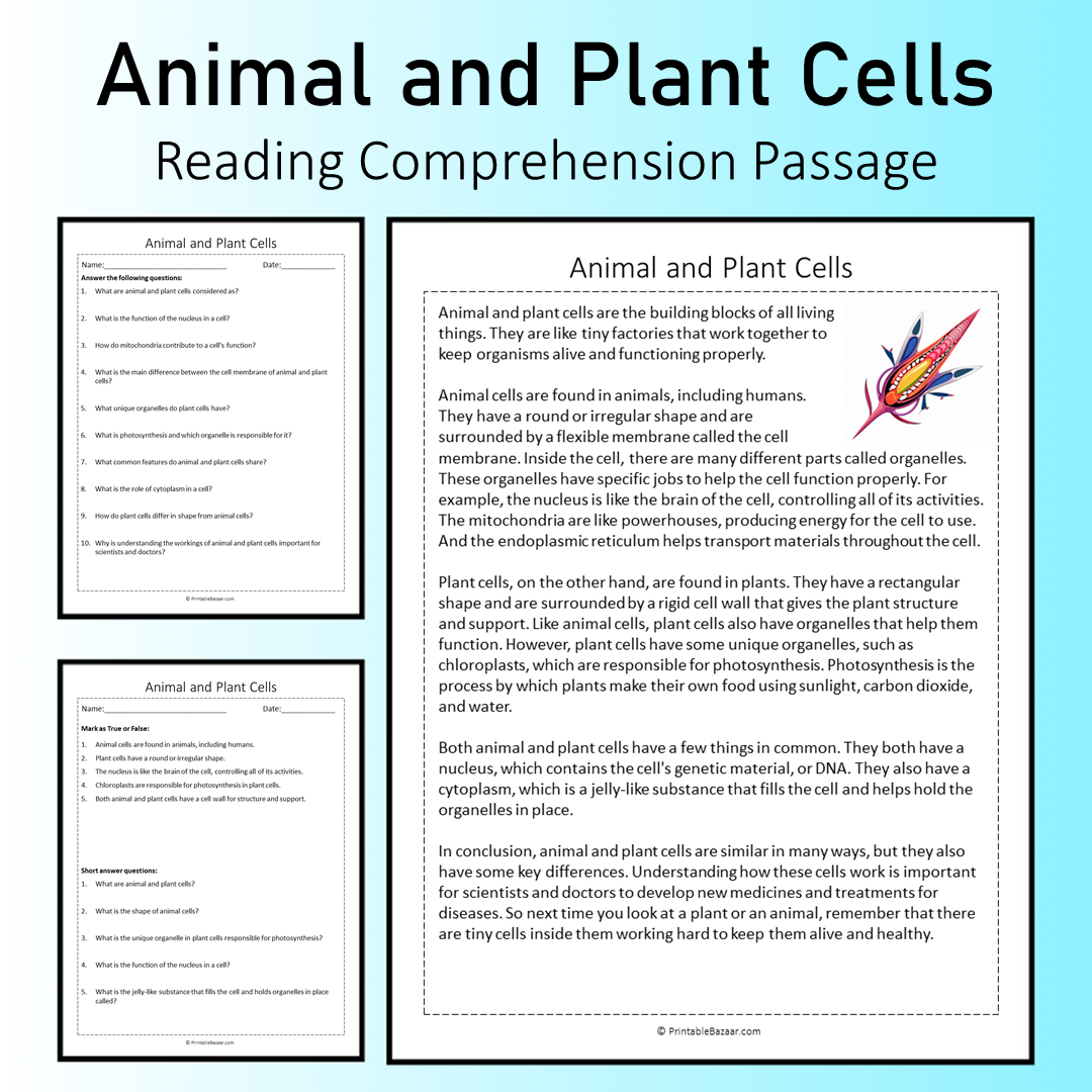Animal and Plant Cells | Reading Comprehension Passage Printable Worksheet