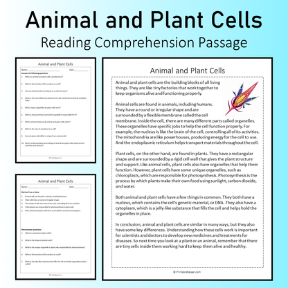 Animal and Plant Cells | Reading Comprehension Passage Printable Worksheet