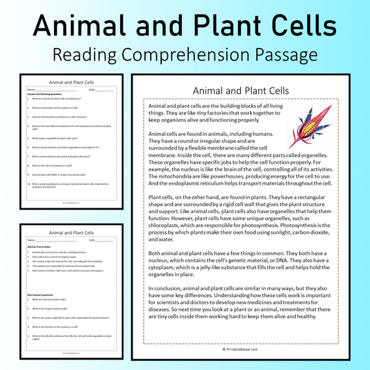 Animal and Plant Cells | Reading Comprehension Passage Printable Worksheet