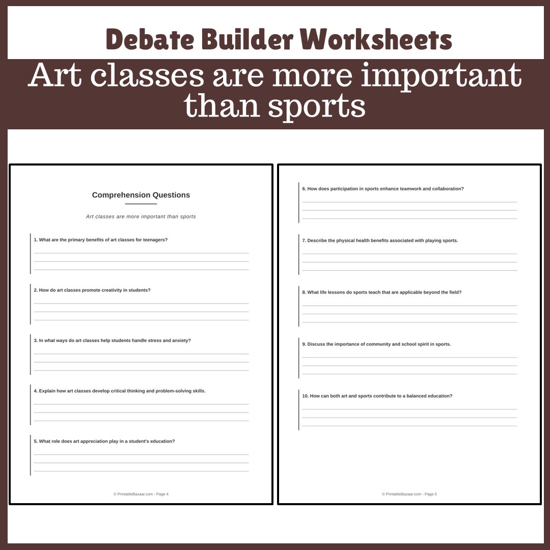 Art classes are more important than sports | Favour and Against Worksheet Printable Activity