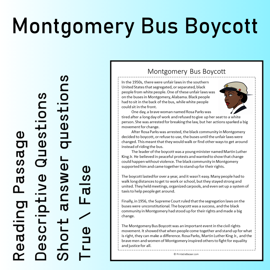 Montgomery Bus Boycott | Reading Comprehension Passage Printable Worksheet