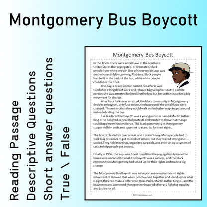 Montgomery Bus Boycott | Reading Comprehension Passage Printable Worksheet