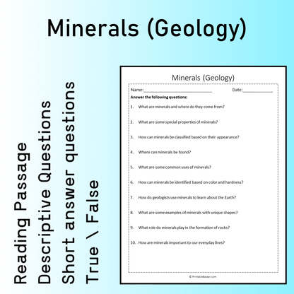 Minerals (Geology) | Reading Comprehension Passage Printable Worksheet