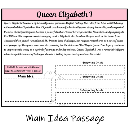 Queen Elizabeth I | Main Idea and Supporting Details Reading Passage and Questions