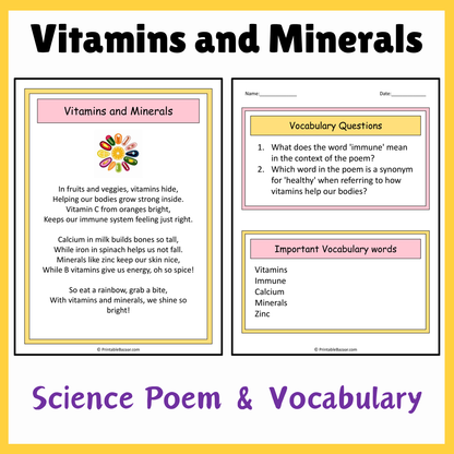 Vitamins and Minerals | Science Poem Reading Comprehension Activity