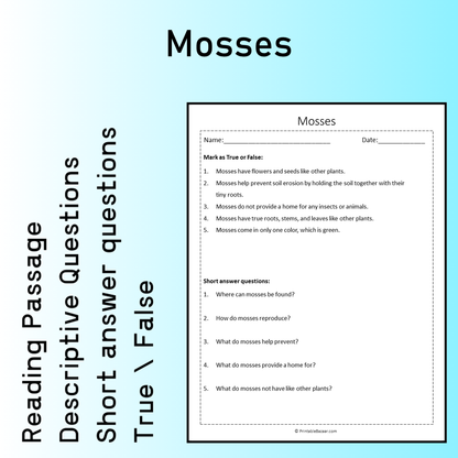 Mosses | Reading Comprehension Passage Printable Worksheet