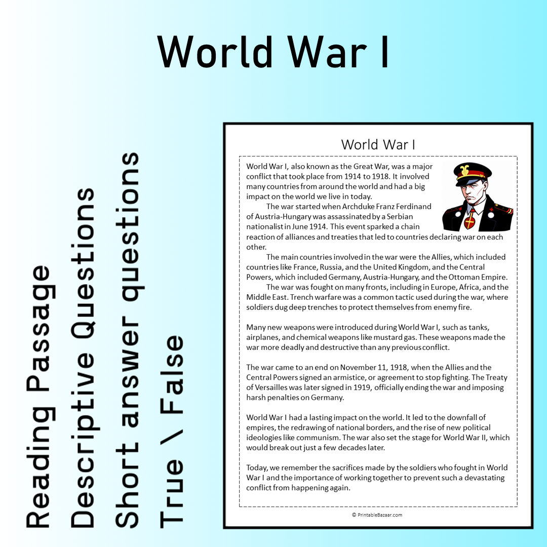 World War I | Reading Comprehension Passage Printable Worksheet